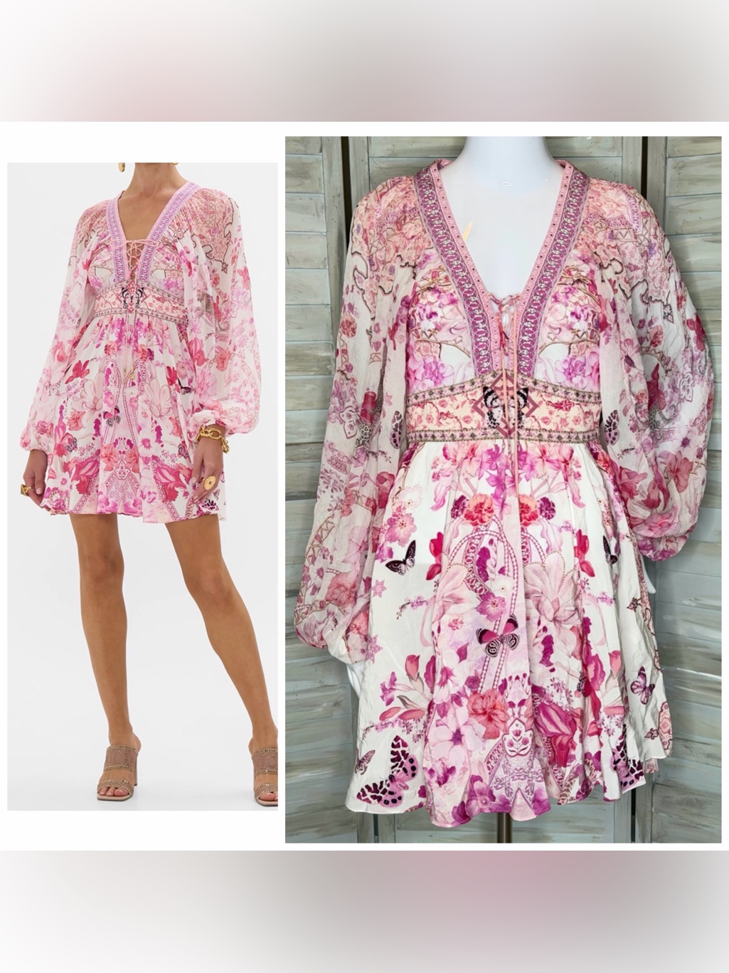 Camilla Botanical Novella Mini Pink Floral Silk Dress Lace Up Front Xs New $799